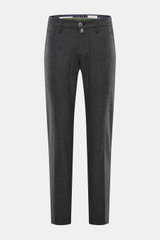 Front view of Jacob Cohen Wool Trousers 'Bobby' Dark Grey Mélange, made of slightly elastic wool, very soft touch, regular fit, straight cut, with zipper and waistband button, french pockets, welted coin pocket, welted back pockets, and a small calf leath