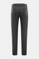 Jacob Cohen Wool Trousers 'Bobby' Dark Grey Mélange shown from the back, made of slightly elastic wool, soft touch, regular fit, straight cut, zipper and button, french pockets, welted coin and back pockets, small calf leather patch. Precise Italian craft