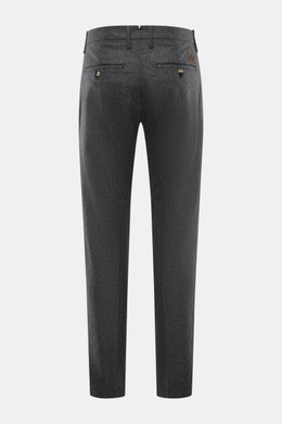 Jacob Cohen Wool Trousers 'Bobby' Dark Grey Mélange shown from the back, made of slightly elastic wool, soft touch, regular fit, straight cut, zipper and button, french pockets, welted coin and back pockets, small calf leather patch. Precise Italian craft