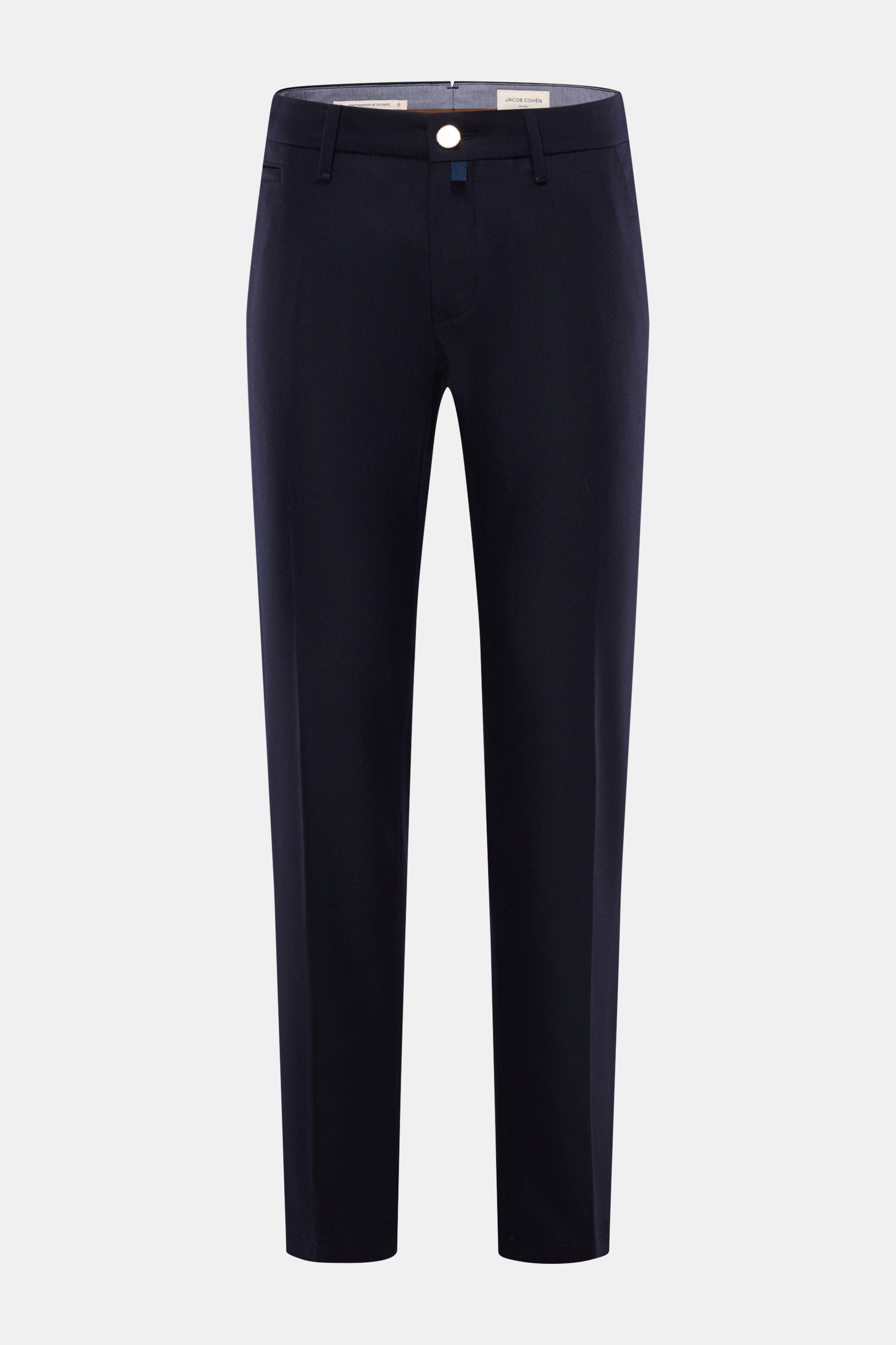 Jacob Cohen Wool Pants 'Bobby' Dark Navy shown from front, slightly elastic wool, soft touch, regular fit, straight cut, zipper, button, pockets, calf leather patch.
