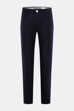 Jacob Cohen Wool Pants 'Bobby' Dark Navy shown from front, slightly elastic wool, soft touch, regular fit, straight cut, zipper, button, pockets, calf leather patch.