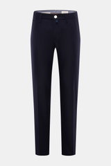 Jacob Cohen Wool Pants 'Bobby' Dark Navy shown from front, slightly elastic wool, soft touch, regular fit, straight cut, zipper, button, pockets, calf leather patch.