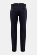 Jacob Cohen Wool Pants 'Bobby' Dark Navy shown from the back, made of slightly elastic wool with regular fit, straight cut, buttoned welt pockets, and calf leather patch.