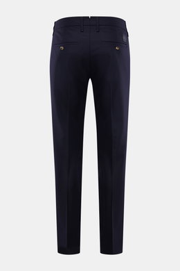 Jacob Cohen Wool Pants 'Bobby' Dark Navy shown from the back, made of slightly elastic wool with regular fit, straight cut, buttoned welt pockets, and calf leather patch.