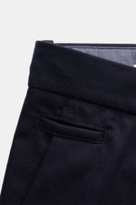 Close-up image from above of the waistband and back pocket of Jacob Cohen Wool Pants 'Bobby' Dark Navy, crafted with slightly elastic wool and a soft touch. Precise Italian craftsmanship – that's what JACOB COHEN stands for, creating a bestseller for the 