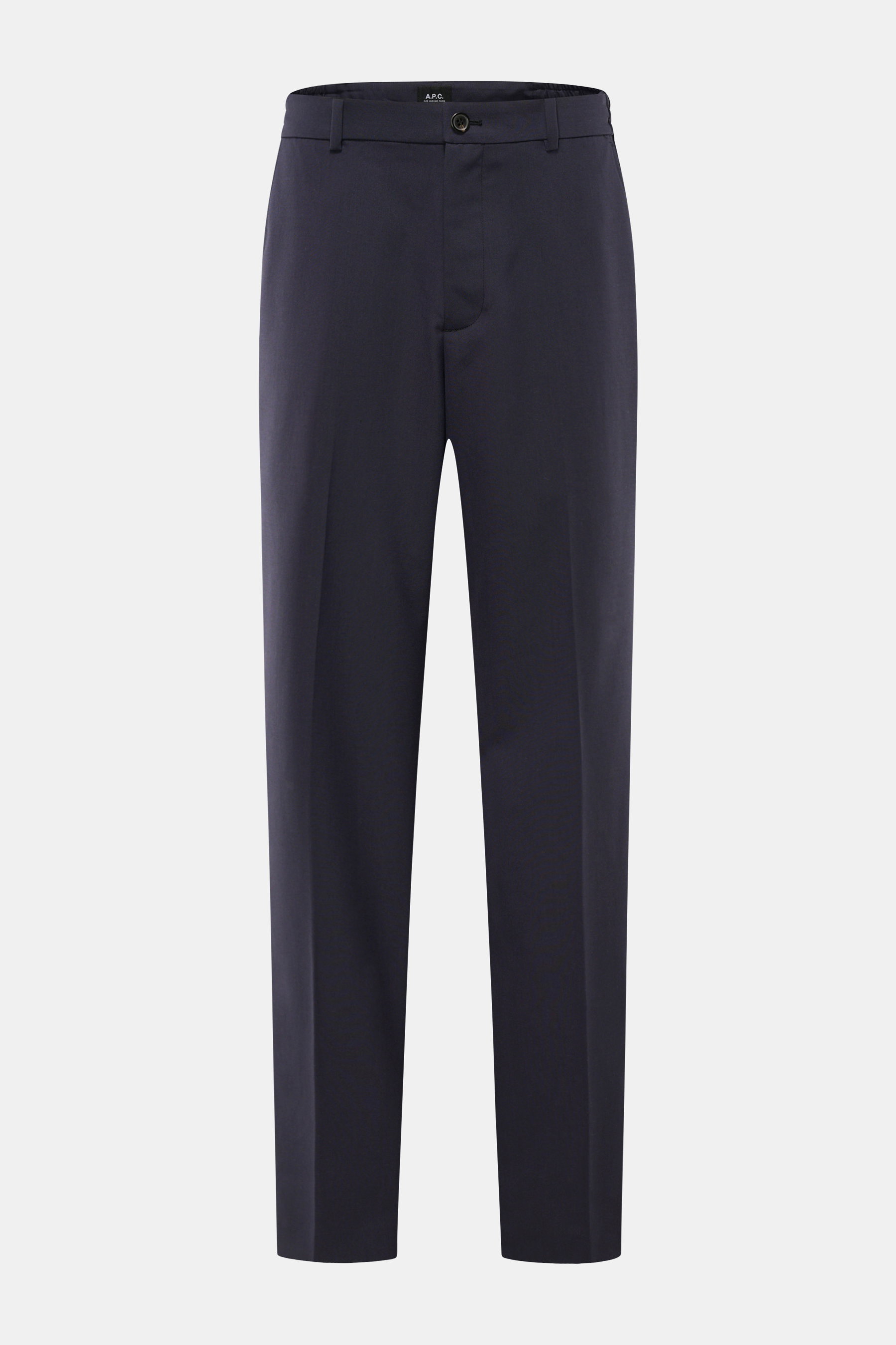 Front view of A.P.C. Hose 'Renato' camel, wool and microfiber blend, tapered fit, high waist, ankle length, zip fly, button, and French pockets.
