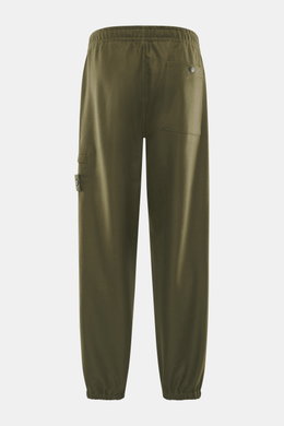 Stone Island Jogpants 'Ghost Piece' dark olive, Rückansicht, knöchellang, tapered Fit, Wolle-Microfaser-Mix, elastischer Bund, Taschen, tonales Kompass-Badge.