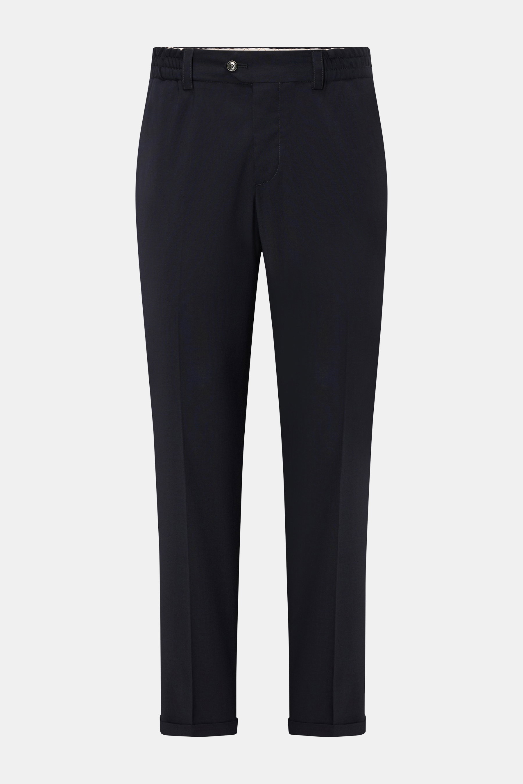 PT Torino Hose 'The Rebel' dark navy, frontale Ansicht, knöchellang, aus Wolle-Microfaser-Mix, Rebel Fit, mit Button Fly, Bundknopf, französischen und geknöpften Gesäßtaschen, fixiertem Saumaufschlag.