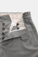 PT Torino Hose 'The Rebel' grau meliert, Nahaufnahme von Bund und Button Fly, Wolle-Microfaser-Mix, atmungsaktiv, Rebel Fit, knöchellang.