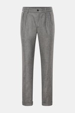 Frontansicht der 04651/ A trip in a bag Hose grau meliert, elegante Wollhose mit tapered Fit, knöchellang, Bundknopf, Reißverschluss, französischen Taschen.