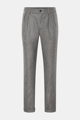 Frontansicht der 04651/ A trip in a bag Hose grau meliert, elegante Wollhose mit tapered Fit, knöchellang, Bundknopf, Reißverschluss, französischen Taschen.