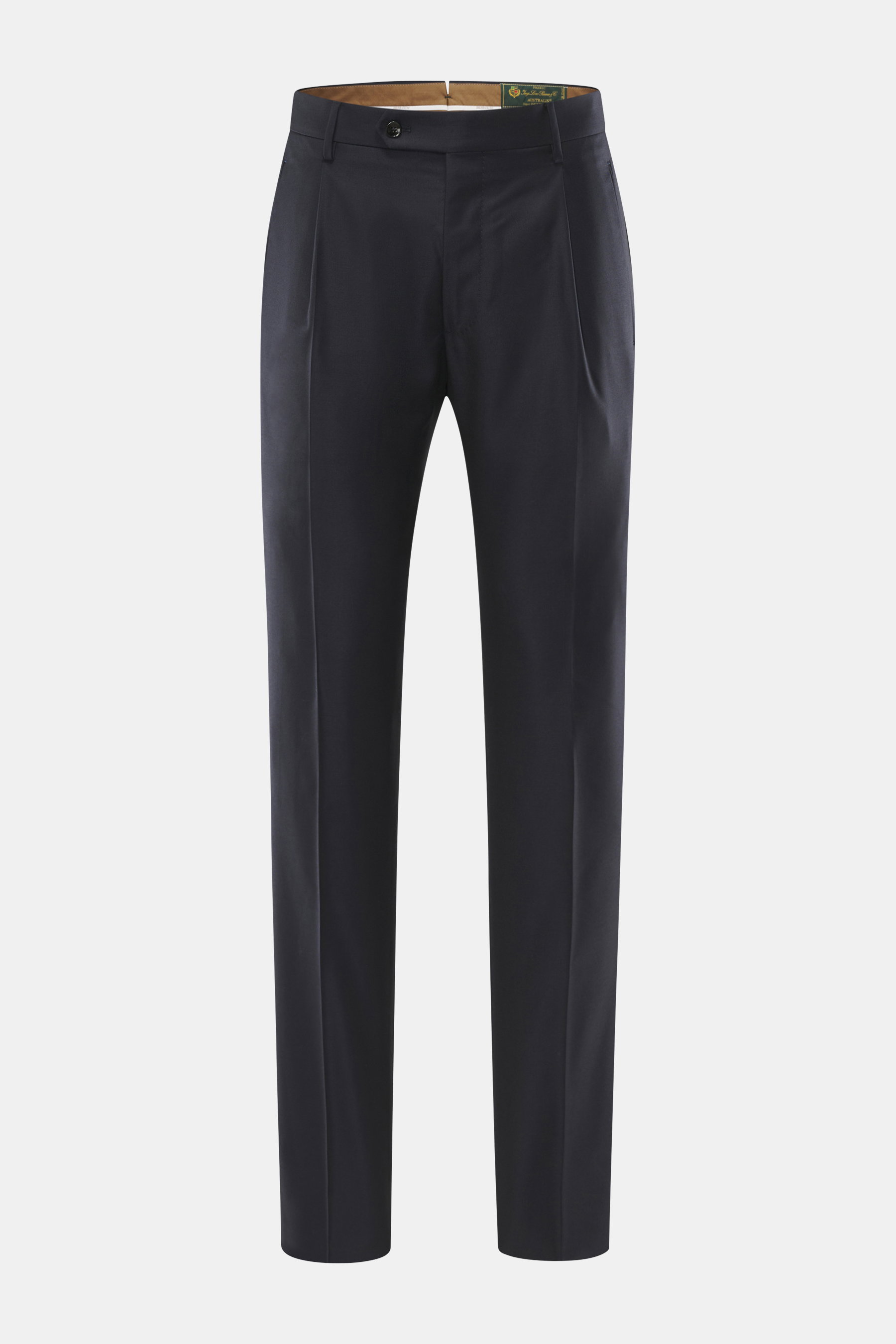 Berwich Wollhose 'Retrolong' navy, frontale Nahaufnahme, Regular Fit, reine Wolle, Twill, Knopfriegel, Bundfalte, Taschen, schmal zulaufend, glänzend