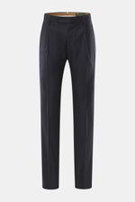 Front view of Berwich Wool Pants 'Retrolong' navy, fine pure wool twill with soft touch, regular fit, tapered legs, waistband button, zipper, welt pockets.