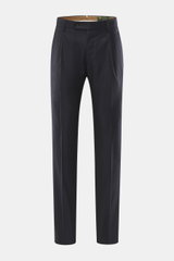 Front view of Berwich Wool Pants 'Retrolong' navy, fine pure wool twill with soft touch, regular fit, tapered legs, waistband button, zipper, welt pockets.