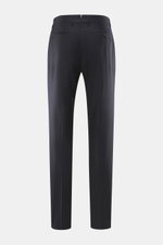 Berwich Wool Pants 'Retrolong' navy shown from the back, made of fine twill pure wool with a soft touch, regular fit, tapered legs, welt hip and back pockets, open hem, single waistband pleat, zipper and button closure, and extended button tab.