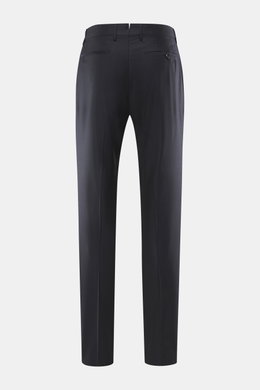Berwich Wool Pants 'Retrolong' navy shown from the back, made of fine twill pure wool with a soft touch, regular fit, tapered legs, welt hip and back pockets, open hem, single waistband pleat, zipper and button closure, and extended button tab.