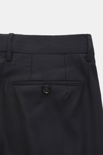 Berwich Wool Pants 'Retrolong' navy shown from the back waist, pure wool twill, regular fit, single pleat, welt and back pockets, button detail.