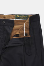 Close-up front view of Berwich Wool Pants 'Retrolong' navy showing fine twill wool fabric, zipper, button, and waistband details.