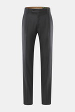 Berwich Wool Pants 'Retrolong' anthracite shown from the front, casual regular fit, pure wool twill, soft touch, slightly glossy, tapered legs, zipper, waistband buttons, extended button tab, single pleat, welt hip and back pockets, open hem length.