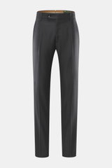 Berwich Wool Pants 'Retrolong' anthracite shown from the front, casual regular fit, pure wool twill, soft touch, slightly glossy, tapered legs, zipper, waistband buttons, extended button tab, single pleat, welt hip and back pockets, open hem length.