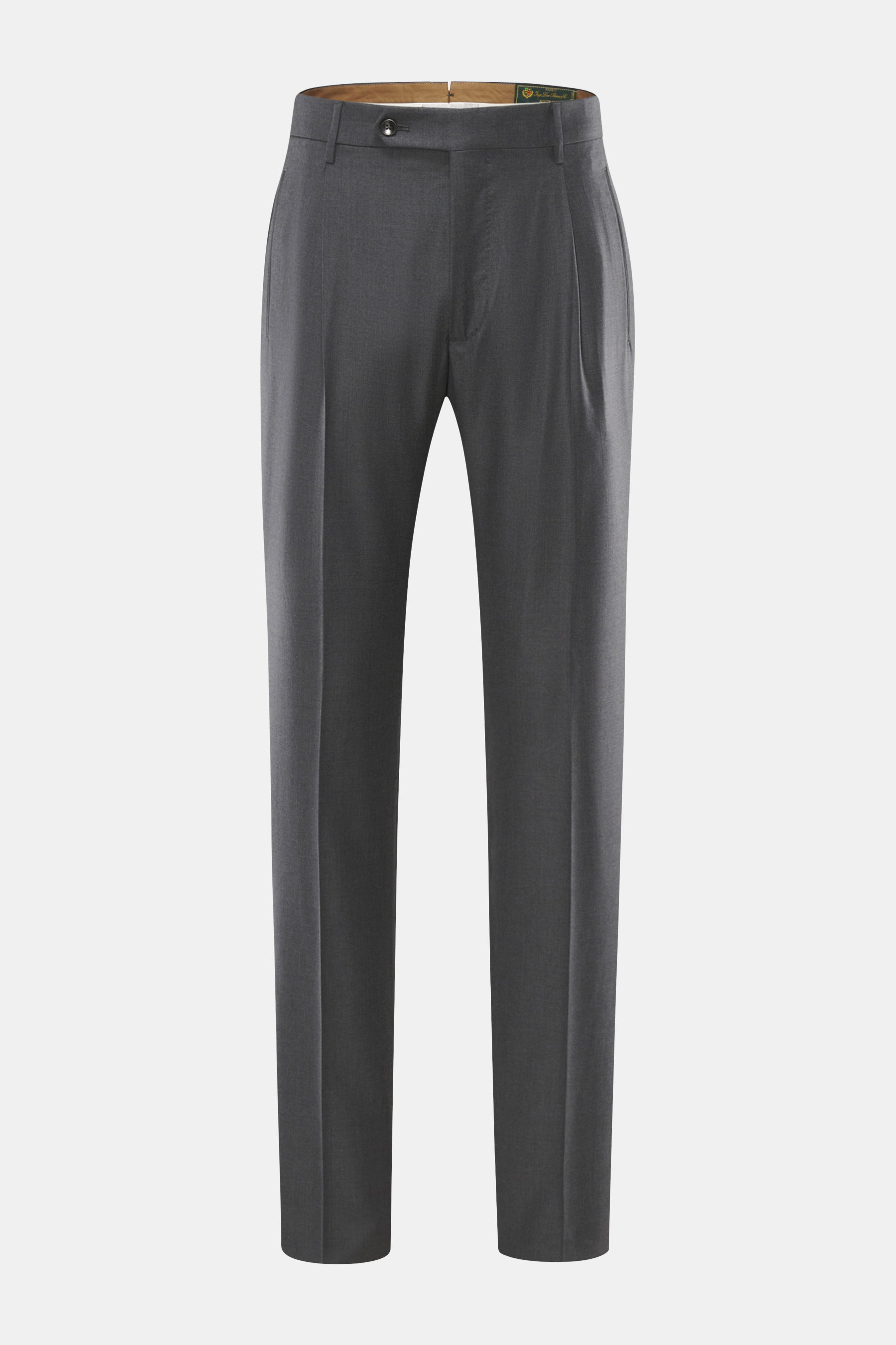 Berwich Wollhose 'Retrolong' dunkelgrau meliert, Frontansicht, Regular Fit, reine Wolle, feiner Twill, weicher Griff, leichte Glanzoptik, Bundknöpfe, offene Saumlänge.