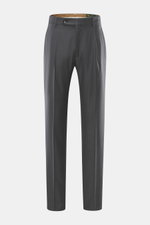 Front view of Berwich Wool Pants 'Retrolong' dark grey melange, pure wool twill, regular fit, tapered, with waistband buttons, pleat, and welt pockets.