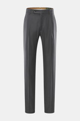 Front view of Berwich Wool Pants 'Retrolong' dark grey melange, pure wool twill, regular fit, tapered, with waistband buttons, pleat, and welt pockets.