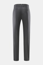 Berwich Wool Pants 'Retrolong' dark grey melange shown from the back, regular fit pure wool with soft touch, tapered legs, welt pockets, button tab, and open hem.
