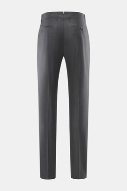 Berwich Wool Pants 'Retrolong' dark grey melange shown from the back, regular fit pure wool with soft touch, tapered legs, welt pockets, button tab, and open hem.