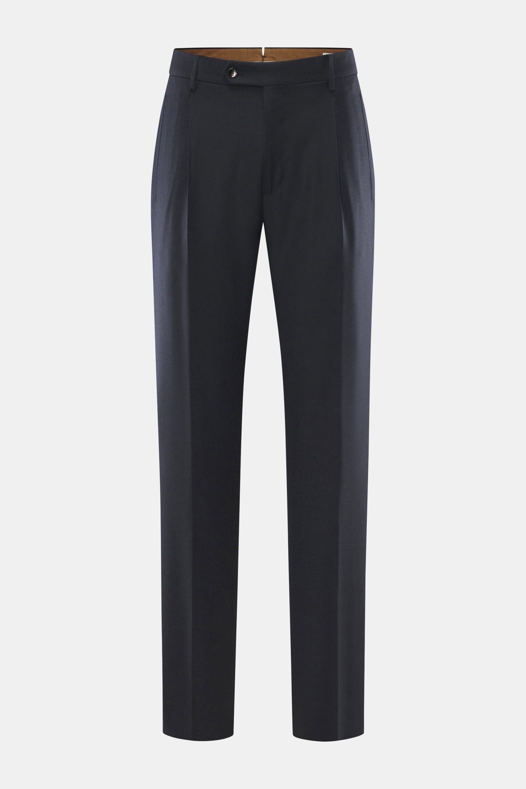Berwich Wollhose 'Retrolong' navy, frontal fotografiert, Regular Fit aus Wolle und Cashmere, mit Bundknöpfen, Reißverschluss, Taschen, leichter Stretch-Anteil.