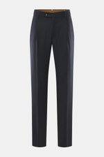 Front view of Berwich Wool Trousers 'Retrolong' navy in a casual regular fit, wool-cashmere blend with soft feel, light stretch, tapered legs, waistband buttons, zipper, extended button flap, simple pleat, piped hip pockets, welt back pockets, and open he