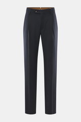 Front view of Berwich Wool Trousers 'Retrolong' navy in a casual regular fit, wool-cashmere blend with soft feel, light stretch, tapered legs, waistband buttons, zipper, extended button flap, simple pleat, piped hip pockets, welt back pockets, and open he