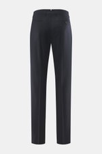 Rear view of Berwich Wool Trousers 'Retrolong' navy in a casual regular fit, made of soft wool and cashmere blend with light stretch. Features slightly tapered legs, zipper and waistband buttons, extended button flap, simple waistband pleat, piped hip poc