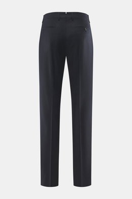 Rear view of Berwich Wool Trousers 'Retrolong' navy in a casual regular fit, made of soft wool and cashmere blend with light stretch. Features slightly tapered legs, zipper and waistband buttons, extended button flap, simple waistband pleat, piped hip poc