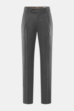Berwich Wool Trousers 'Retrolong' dark-grey shown from the front, made of wool and cashmere blend with soft feel, light stretch, regular fit, slightly tapered legs, zipper and waistband buttons, extended button flap, simple waistband pleat, piped hip pock