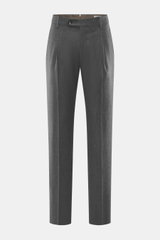 Berwich Wool Trousers 'Retrolong' dark-grey shown from the front, made of wool and cashmere blend with soft feel, light stretch, regular fit, slightly tapered legs, zipper and waistband buttons, extended button flap, simple waistband pleat, piped hip pock