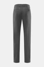 Berwich Wool Trousers 'Retrolong' dark-grey shown from the back, displaying piped hip pockets, welt back pockets, and tapered legs. The wool and cashmere blend offers a soft feel with light stretch, featuring a regular fit, zipper and waistband buttons wi