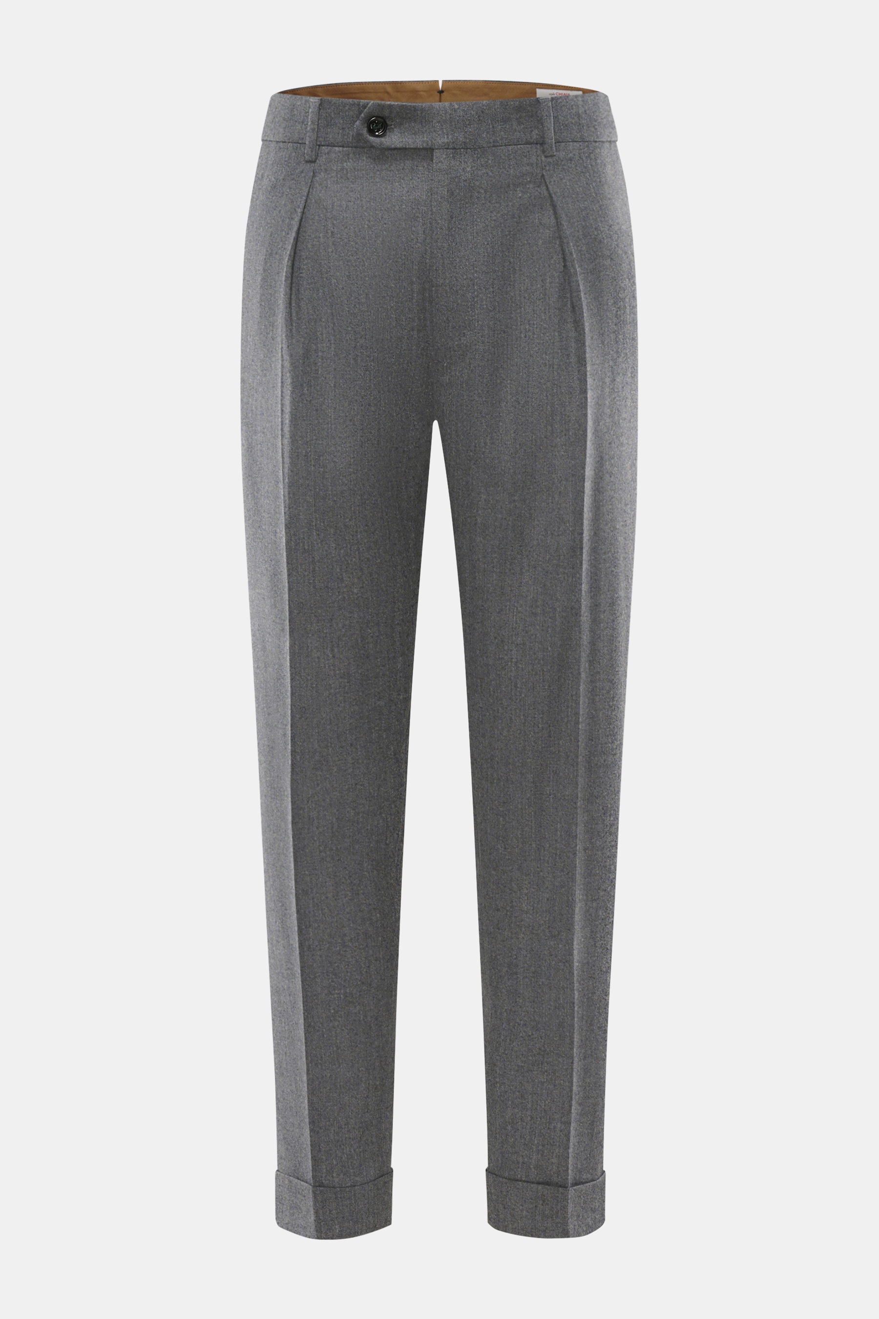 Berwich Wollhose 'Chiaia' dunkelgrau meliert, frontal fotografiert, aus reiner, leicht elastischer Schurwolle, Tapered Fit, knöchellang mit fixiertem Saumaufschlag.