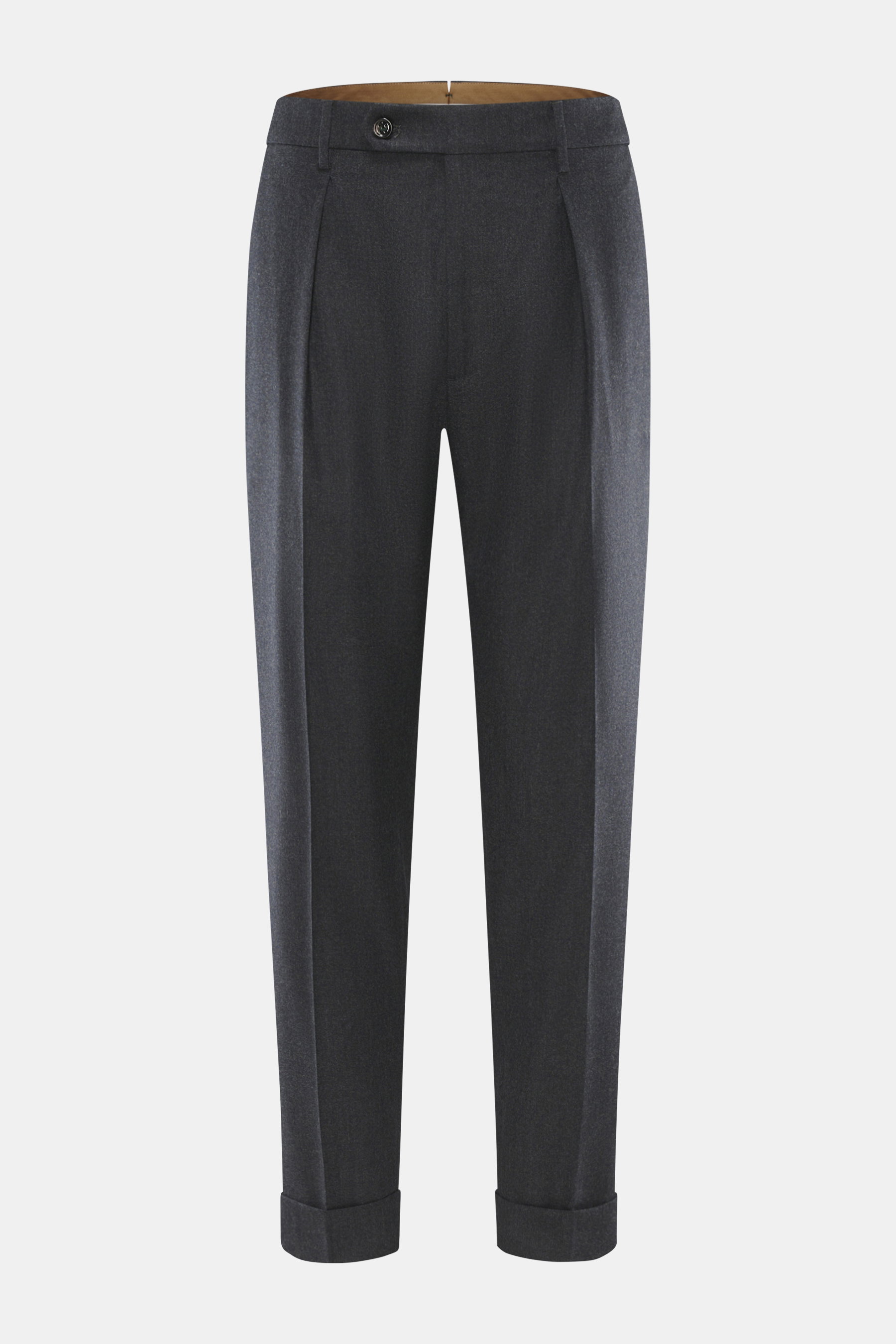 Berwich Wollhose 'Chiaia' anthrazit meliert in Frontansicht, Tapered Fit aus leicht elastischer Schurwolle mit Bundknöpfen und fixiertem Saumaufschlag.