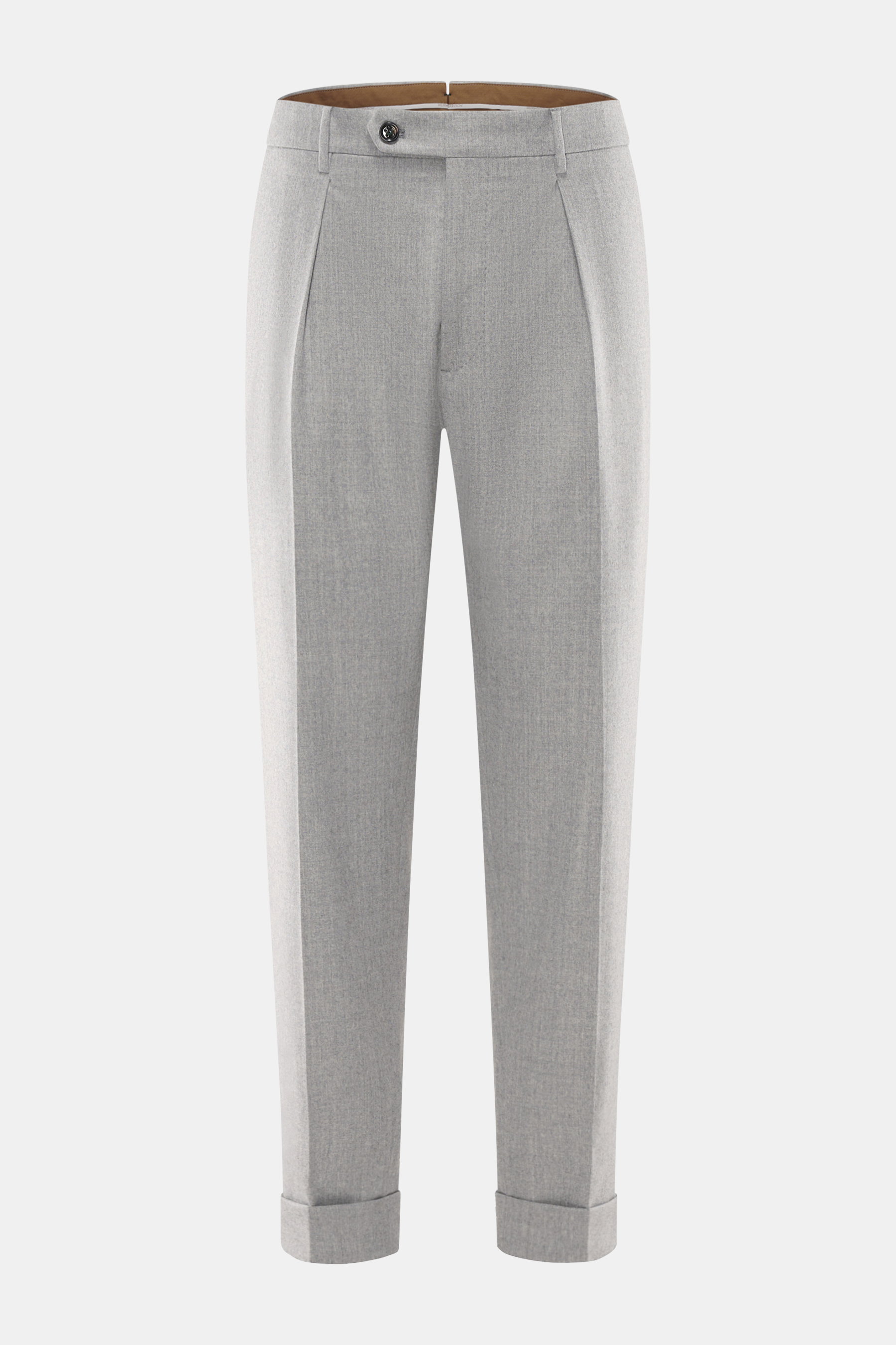 Front view of Berwich Wool Pants 'Chiaia' Grey Mélange with tapered fit, pure wool, single waistband pleat, side pockets, and fixed hem cuffs.