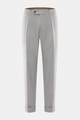 Front view of Berwich Wool Pants 'Chiaia' Grey Mélange with tapered fit, pure wool, single waistband pleat, side pockets, and fixed hem cuffs.