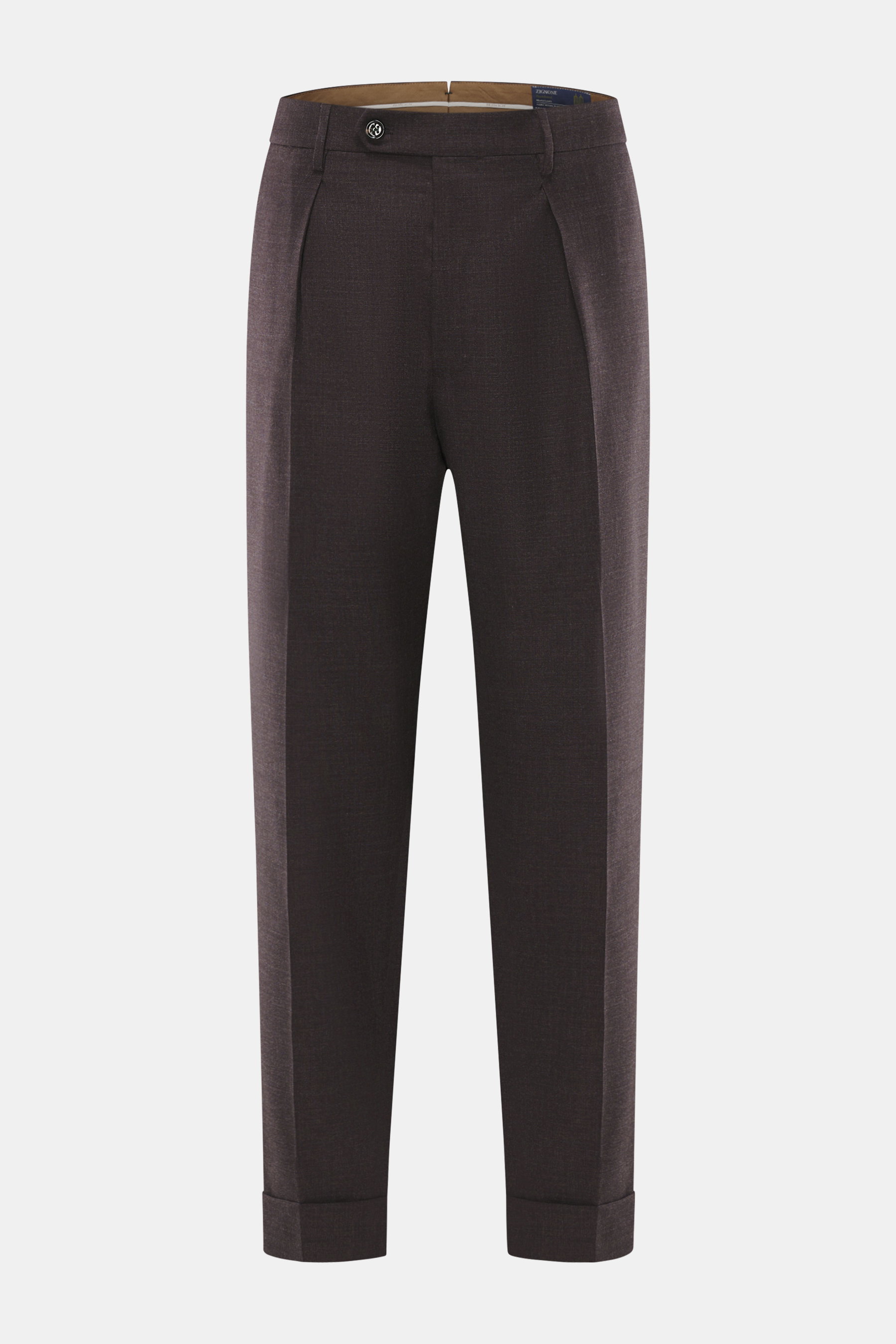 Berwich Hose 'Chiaia' dunkelviolett meliert, frontal fotografiert, aus Schurwoll-Mix, glatter Griff, Tapered Fit, knöchellang mit Bundknopf, Reißverschluss, Taschen.