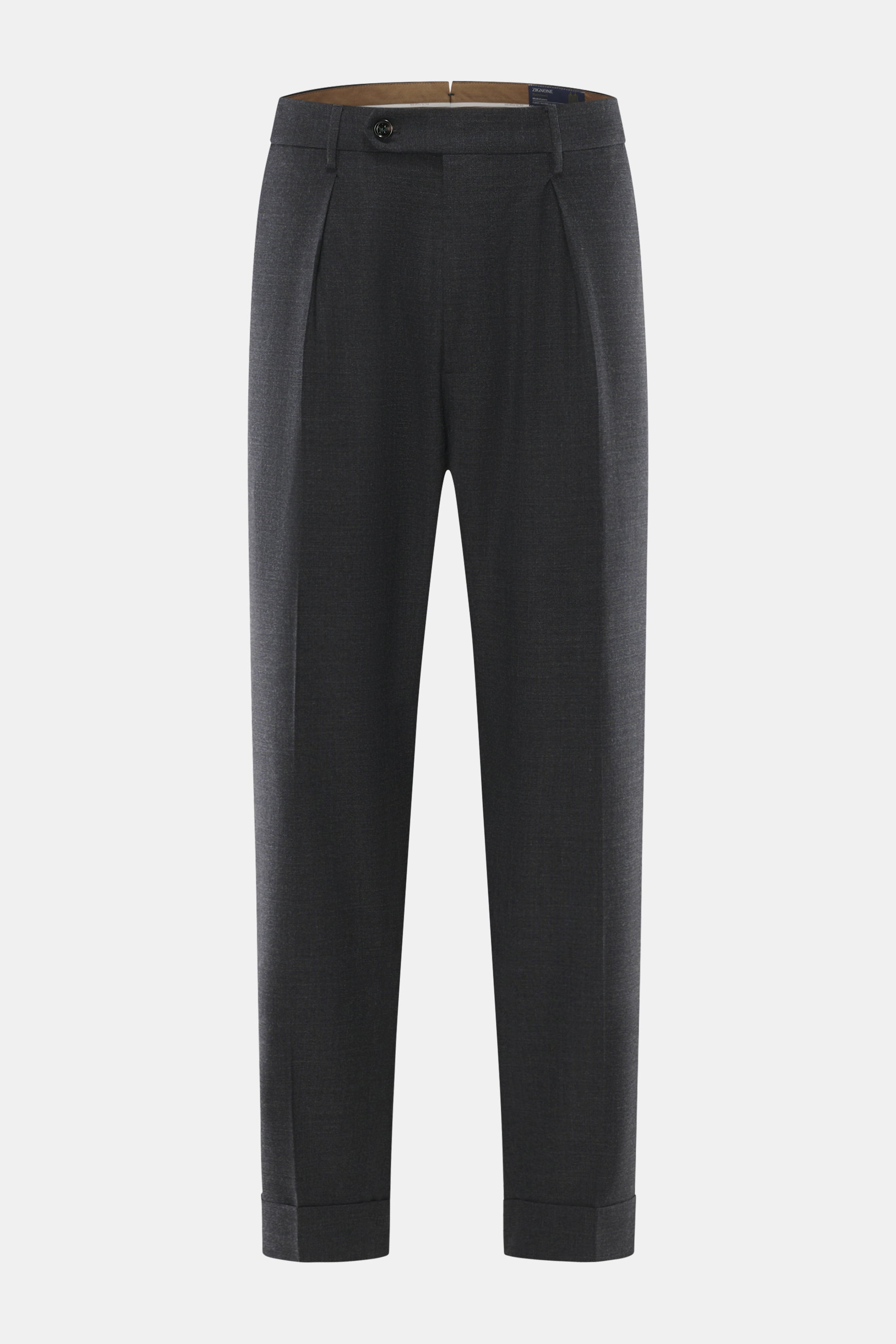 Berwich Hose 'Chiaia' anthrazit meliert, frontal fotografiert, Tapered Fit, Schurwoll-Mix mit glattem Griff, knöchellang, Bundknöpfe, Reißverschluss, Seitentaschen.
