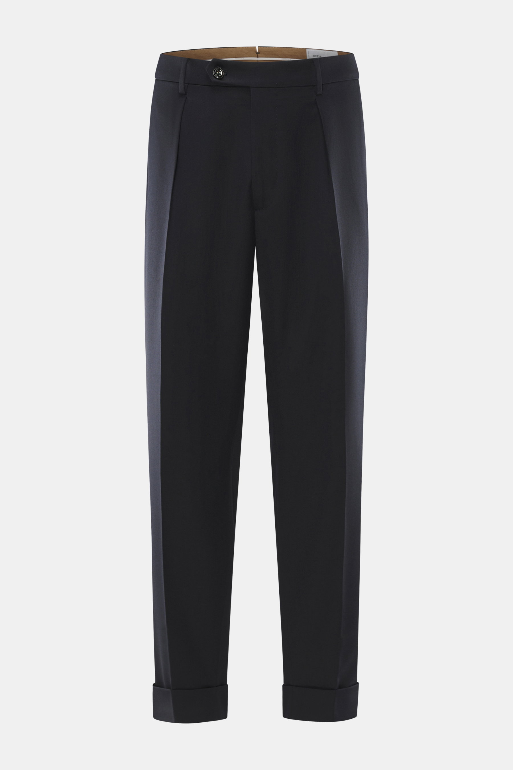 Berwich Wollhose 'Chiaia' navy, knöchellang mit Tapered Fit, leichte elastische Schurwolle, einfache Bundfalte, Reißverschluss, Knopfriegel, Saumaufschlag, frontal.