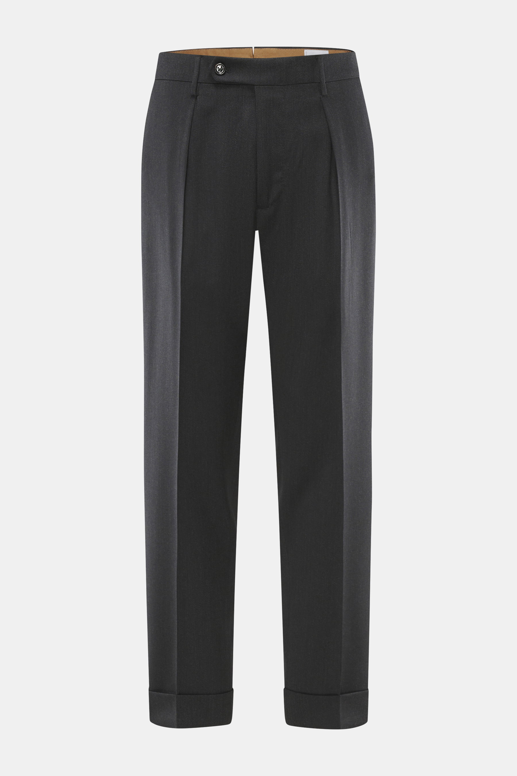 Berwich Wollhose 'Chiaia' anthrazit meliert, Frontansicht, Tapered Fit, reine Wolle, knöchellang, Bundknöpfe, Saumaufschlag, Taschen.