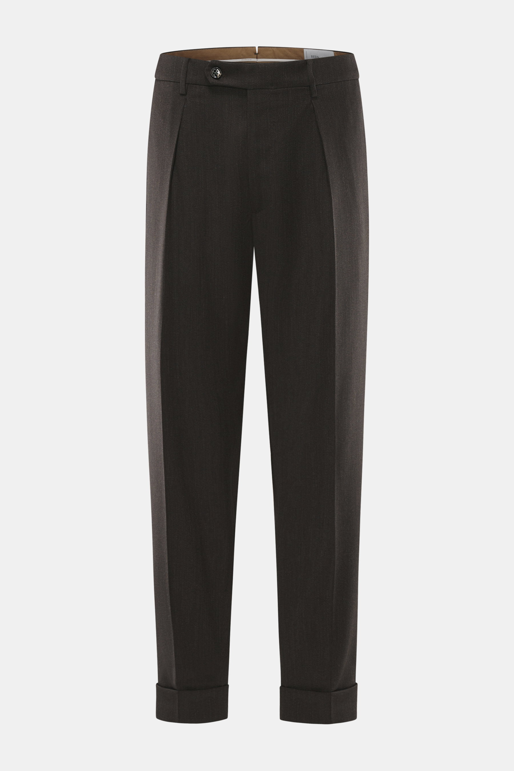 Berwich Wollhose 'Chiaia' dunkelbraun meliert, frontale Ansicht, Tapered Fit, reine Wolle, leicht elastisch, knöchellang mit fixiertem Saumaufschlag.