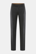 Front view of Berwich Wool pants 'Retrolong' anthracite checkered, fine twill pure wool, subtle Prince of Wales pattern, regular fit, tapered legs, zip and button waistband, piped hip and welt back pockets, open hem, soft touch.

Description: <p>The cotto
