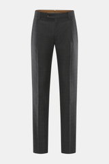 Front view of Berwich Wool pants 'Retrolong' anthracite checkered, fine twill pure wool, subtle Prince of Wales pattern, regular fit, tapered legs, zip and button waistband, piped hip and welt back pockets, open hem, soft touch.

Description: <p>The cotto