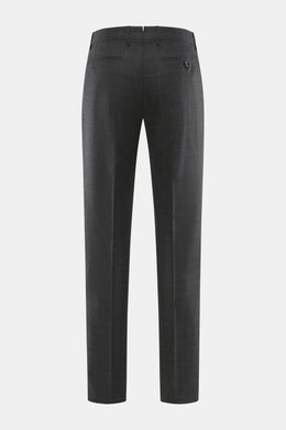 Berwich Wool pants 'Retrolong' anthracite checkered shown from the back, made of pure wool with subtle Prince of Wales pattern, regular fit, tapered legs, zipper, waistband buttons, extended button tab, simple waistband pleat, piped hip pockets, welt back