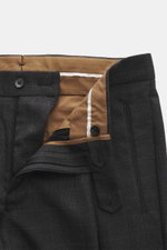 Berwich Wool pants 'Retrolong' anthracite checkered shown from an open front waist view, revealing zipper, buttons, and brown inner lining. The cotton pants 'Retrolong' by BERWICH impress with a casual regular fit, made from pure wool and stylish lines – 